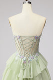 Corset Strapless A Line Sparkly Floral Tiered Light Green Maxi Prom Dress