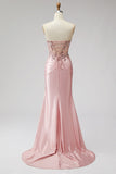 Corset Strapless Sparkly Pink Mermaid Satin Maxi Prom Dress