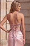 Corset Strapless Sparkly Pink Mermaid Satin Maxi Prom Dress