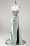 Strapless Corset Mermaid Sparkly Light Green Floral Maxi Prom Dress