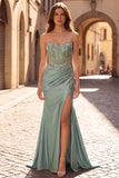 Strapless Corset Mermaid Sparkly Light Green Floral Maxi Prom Dress