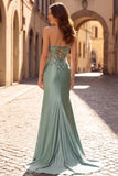 Strapless Corset Mermaid Sparkly Light Green Floral Maxi Prom Dress