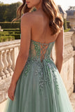 Strapless Corset A Line Green Sparkly Maxi Prom Dress With Embroidery