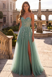 Strapless Corset A Line Green Sparkly Maxi Prom Dress With Embroidery