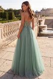 Strapless Corset A Line Green Sparkly Maxi Prom Dress With Embroidery