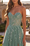 Strapless Corset A Line Green Sparkly Maxi Prom Dress With Embroidery