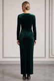 Dark Green Long Sleeve Sheath Velvet Midi Work Dress
