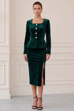 Single Breasted 2 Piece Long Sleeve Burgundy Sheath Velvet Midi Work Dress