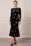 Mermaid Sequins Black Midi Velvet Dress With Long Sleeves
