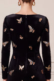 Mermaid Sequins Black Midi Velvet Dress With Long Sleeves