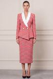 Shawl Lapel 2-piece Sheath Red Tweed Midi Work Dress