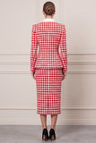 Shawl Lapel 2-piece Sheath Red Tweed Midi Work Dress