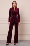Dark Green 2 Piece Stand Collar Velvet Single Buckle Women Suits