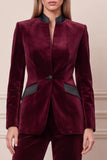 Dark Green 2 Piece Stand Collar Velvet Single Buckle Women Suits