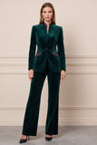 Dark Green 2 Piece Stand Collar Velvet Single Buckle Women Suits