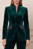 Dark Green 2 Piece Stand Collar Velvet Single Buckle Women Suits