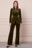 Dark Green 2 Piece Stand Collar Velvet Single Buckle Women Suits