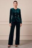 Single Breasted Velvet Round Neck Dark Green 2 Piece Women Suits