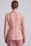 Peak Lapel Tweed Pink Double Breasted Women Blazer
