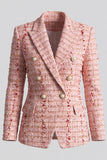 Peak Lapel Tweed Pink Double Breasted Women Blazer
