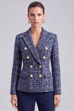 Peak Lapel Navy Tweed Double Breasted Women Blazer