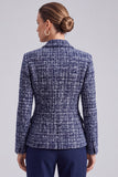 Peak Lapel Navy Tweed Double Breasted Women Blazer