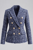 Peak Lapel Navy Tweed Double Breasted Women Blazer