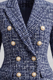 Peak Lapel Navy Tweed Double Breasted Women Blazer