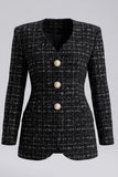 Black Tweed Single Breasted V-Neck Women Blazer