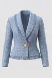 Light Blue Shawl Lapel Tweed Single Buckle Women Blazer