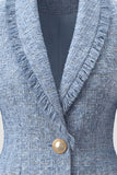 Light Blue Shawl Lapel Tweed Single Buckle Women Blazer