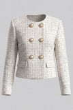 Double Breasted Ivory Round Neck Tweed Women Blazer