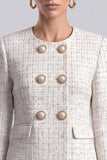 Double Breasted Ivory Round Neck Tweed Women Blazer