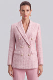 Pink Peak Lapel Double Breasted Tweed Women Blazer