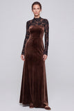 A Line Coffee Lace Maxi Velvet Dress With Long Sleeves