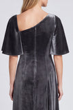 A Line Dark Grey Ruched Flutter Sleeve Maxi Velvet Dress