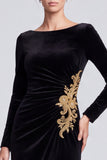 Mermaid Beaded Velvet Maxi Black Tie Dress With Long Sleeves