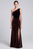 One Shoulder Black and Brown Ruched Mermaid Maxi Velvet Dress