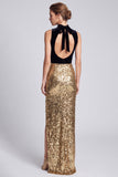 Halter Black and Gold Sheath Sparkly Maxi Evening Dress