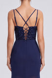 Navy Corset Sequins Mermaid Square Neck Long Evening Dress with Slit