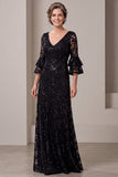 Sequins Black A-Line Lace Long Mother Of The Bride Dress with Flare Sleeves