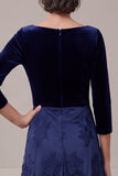 Velvet 3/4 Sleeve A-Line Navy Long Mother Of The Bride Dress