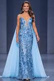 Sequins Mermaid Blue Spaghetti Straps Long Pageant Dress with Drapes