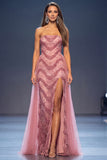 Sheath Strapless Dusty Rose Sparkly Long Pageant Dress with Side Streamer
