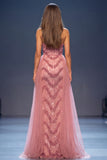 Sheath Strapless Dusty Rose Sparkly Long Pageant Dress with Side Streamer