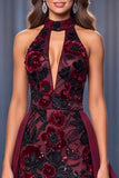Floral Halter Beaded Burgundy Keyhole Mermaid Long Pageant Dress