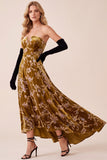 Strapless A Line Floral Mustard Gold High-Low Velvet Dress