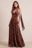 Floral Halter Chocolates A-Line Velvet Maxi Formal Dress with Chiffon Sash