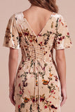 Corset Velvet V-Neck Floral Champagne Maxi Formal Dress with Side Slit