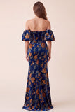 Corset Strapless Dark Blue Velvet Mermaid Formal Dress with Detachable Puff Sleeves